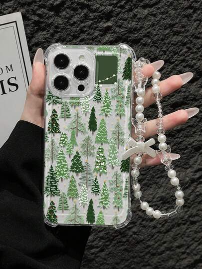 1pc Gradient Green Forest Pattern Christmas Winter Tree Forest Print Splicing Unique Design Anti-Drop Fashionable Transparent Phone Protective Case, Suitable For Self-Use And Gifting, Compatible With Apple Compatible With IPhone11/12/13/14/15/16/16PRO/16PROMAX, GalaxyA05/A15/A25/A35/A53/A54/A55/S23/S24