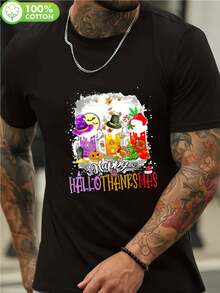 Camiseta de Hombre "Happy Hallothanksmas" - Estampado de Pavo Espeluznante y Murciélagos con Brujas, Calabazas, Galletas de Jengibre y Bastones de Caramelo - Camiseta Gráfica de Algodón Pesado de 180gsm para Halloween, Acción de Gracias y Fiestas de Navidad - Cuello Redondo y Manga Corta Casual con - Negro - Ver 2