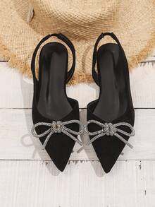 新款时尚女士尖头黑色水钻蝴蝶结套脚休闲平底鞋 - 黑色 - 查看 4