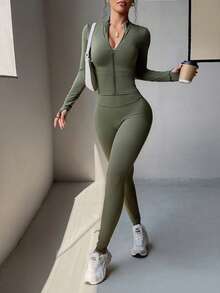 Aoqta Sports 女士两件套春夏休闲户外运动纯色瑜伽服，拉链长袖上衣搭配修身长裤，跑步健身套装，适合户外健身、普拉提、跑步等运动。 - 軍綠色 - 查看 5