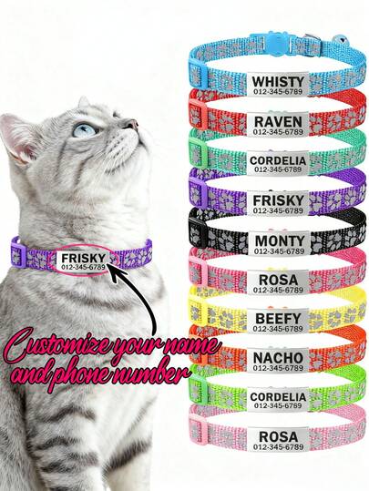 Ersonalized Custom Reflective Cat Collar With Bell And Breakaway Feature - Customizable Anti-Lost Nameplate - Ideal For Kittens And Cats
