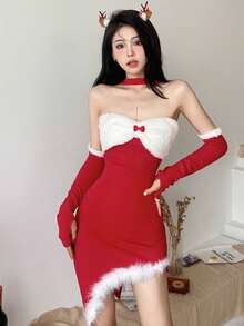 3件装毛绒边饰兔子服装，含手套和项链，圣诞节 - 紅色 - 查看 4