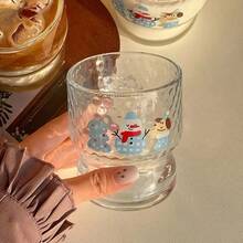 1 pieza Taza de vidrio con diseño de muñeco de nieve de dibujos animados simple y nuevo, taza para beber agua con apariencia navideña, taza linda como regalo para estudiantes - transparente - Ver 9