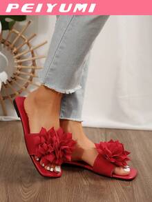 PEIYUMI Summer Unique Floral Decor Flat Sandals, Fashionable & , Non-Slip Women Beach Casual Slippers, Available In White, Black, Red, Green, Rose Red, Pink, Apricot Colors - Red - View 4