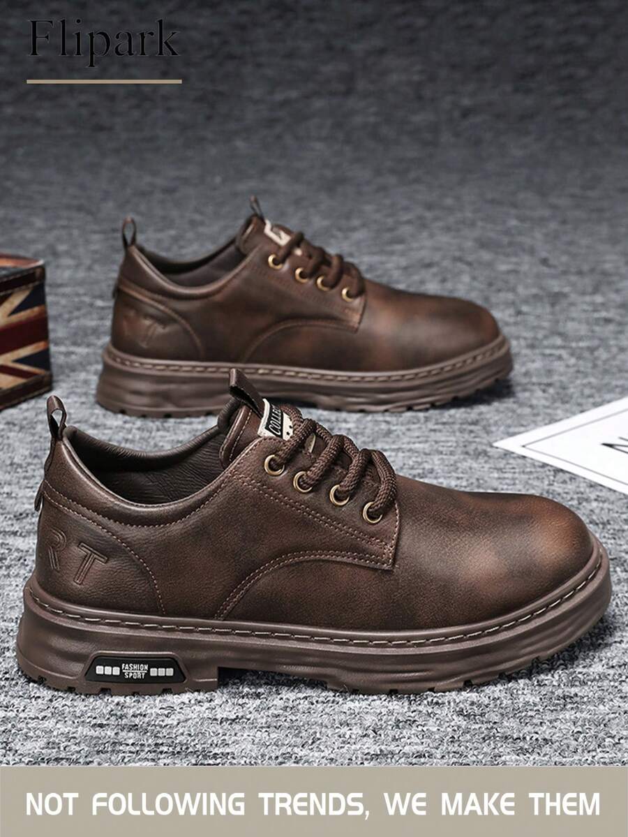 Flipark 1 par de botas de trabajo de cuero retro de caña baja para hombres, con cordones, suela gruesa, zapatos casuales para ir al trabajo - Caqui - Ver 1