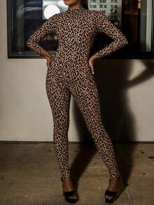 DOUCIU 豹纹长袖休闲修身连体裤 - 卡其色 - 查看 3