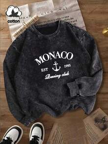 MONACO EST 1995 Racing Club Anchor Print Vintage-Style Sweatshirt, Retro Racing Monaco-Inspired Top, Plus Size Washed Sweatshirt, Crew Neck Long-Sleeve, Winter Lined, Women's Sports Pullover, Sweatshirt, Plus-Size Sportswear, Plus-Size Women's Clothing, Autumn And Winter Season, Comfortable Loose Fit, Plus-Size Autumn And Winter Apparel, Everyday Casual Wear.