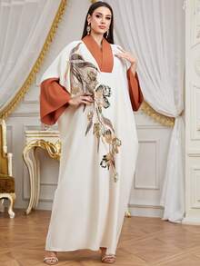 SISKAKIA New Elegant Patchwork Woven Fabric Sequin Beaded Embroidery Plus Size Dresses, Suitable For Holidays, Birthdays, Parties, Formal Evenings, All Seasons - Apricot - View 2