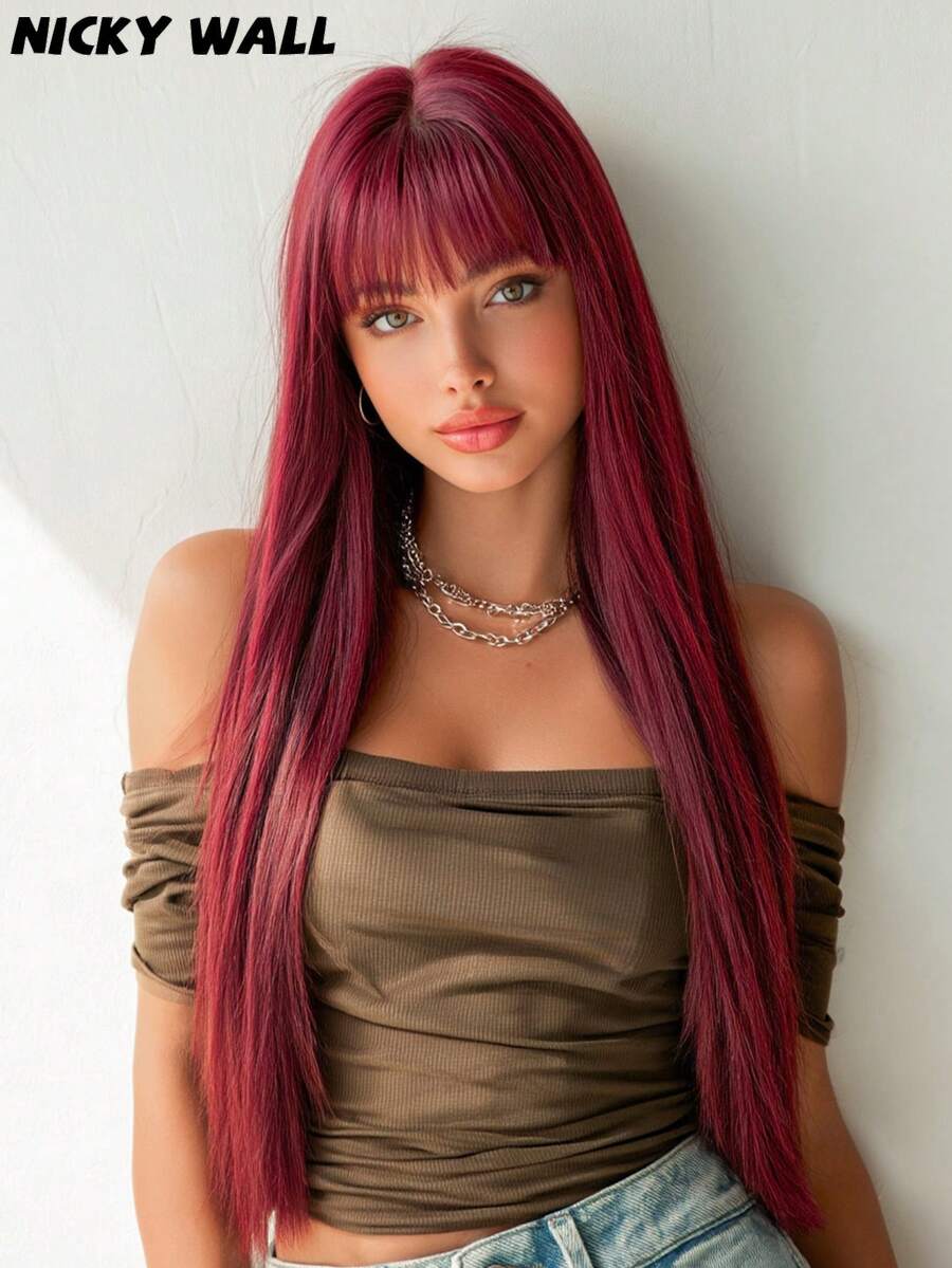 Elegant-30 Inch Velvet Wine Wigs For Women, Long Straight Wigs With Bangs, High Quality Soft Synthetic Fiber Wigs For Women Daily Wear, Festival Ready Party Use, Perfect Gift - Beginners Glueless Wig Accessories - 酒紅色 - 查看 1
