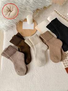 5 Pairs Kids Warm Fleece Soft Comfortable Long Tube Socks, Suitable For Daily Wear And Pairing With Snow Boots, Autumn/Winter