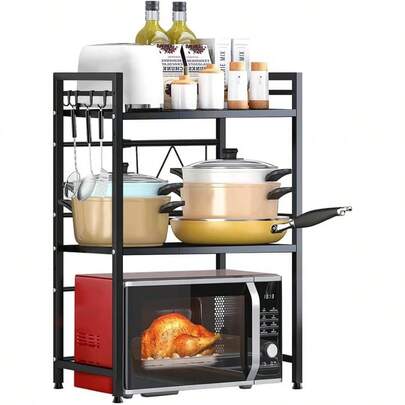 Large Capacity Microwave Oven Shelf With 8 Hooks Stainless Steel Expandable Microwave Oven Rack 3Tier Kitchen Organizer Shelf Racks Bakers Rack Black