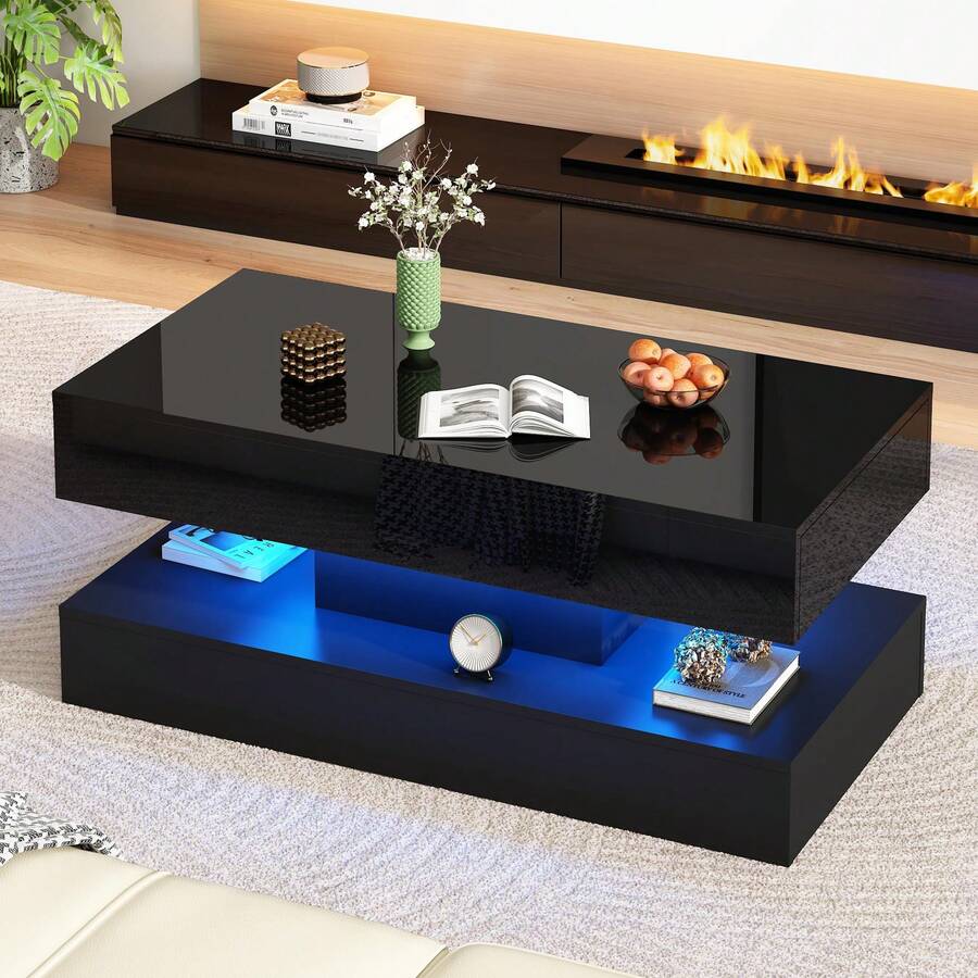 39/47inch Large High Glossy LED Coffee Table With 2 Storage Drawers,Black Modern Coffee Tables For Living Room,Living Room Tables W/ USB Powered LED Lights - Solid Black - View 1