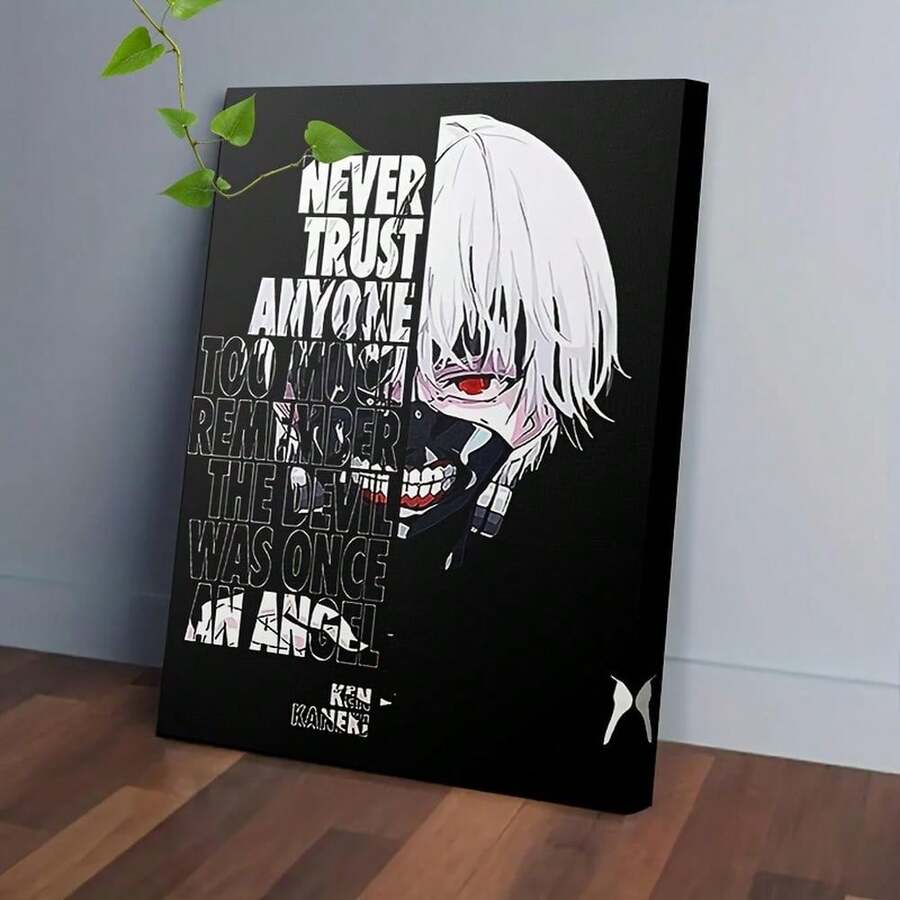 1pc Anime Poster - Kaneki Ken Wall Art Decor With "Never Trust Anyone Too Much" Quote - Dual Personality Design (Devil & Angel) - Framed Canvas Painting In Black - Large Anime Poster For Home, Office, Manga Room - Perfect Gift For T - 彩色 - 查看 1
