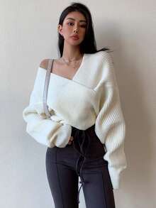 Suéter holgado de manga larga con escote cruzado y hombros caídos, de unicolor, para mujer, otoño/invierno, parte superior de manga larga - Blanco - Ver 3
