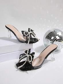 Sandalias de tacón de aguja transparentes con cristales florales de punta cuadrada francesa, calzado de mujer minimalista y elegante, sandalias de vestir de alta gama con tira delgada y punta abierta, adecuadas para citas, ir al trabajo y viajes, para looks de primavera y verano - Negro - Ver 6