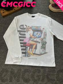EMCGICC Motocore Y2k Long Sleeve Shirt, Urban Art Punk Graphic T-Shirt Cotton 250g, Preppy Lettering Fashion Hip Hop Men's Long Sleeve T-Shirt, Fun Vintage Shirt, Regular Fit,  Jungle Print Preppy Lettering Street Style, Digital Print, Ideal Gift - trắng - Xem 1