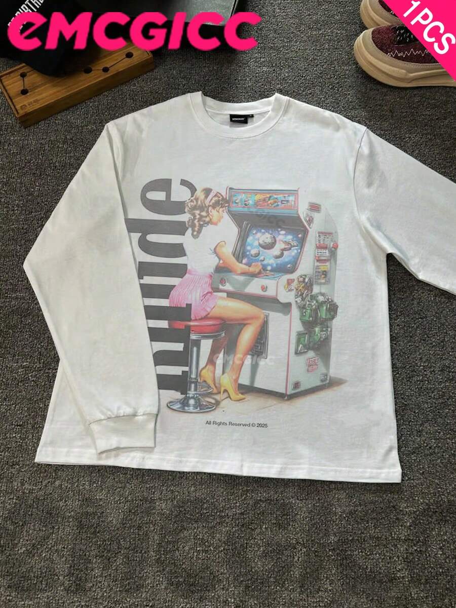 EMCGICC Motocore Y2k Long Sleeve Shirt, Urban Art Punk Graphic T-Shirt Cotton 250g, Preppy Lettering Fashion Hip Hop Men's Long Sleeve T-Shirt, Fun Vintage Shirt, Regular Fit, Jungle Print Preppy Lettering Street Style, Digital Print, Ideal Gift - trắng - Xem 1