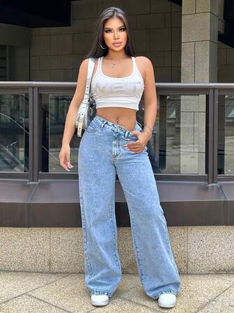 Jeans droits décontractés Happy Girl, mode polyvalente, élégante pour les femmes et les étudiantes, été