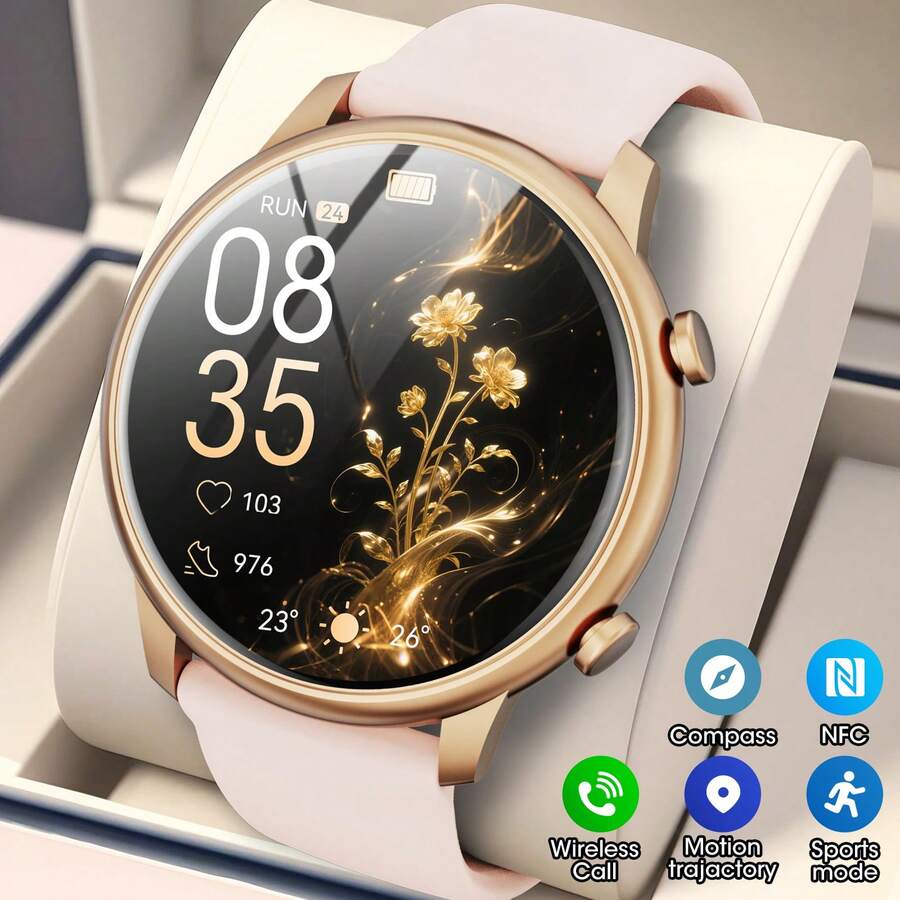39 pouces Montre connectée femme Appel Bluetooth Montre connectée femme avec plusieurs modes d'exercice, cadran personnalisable, contrôle de la musique, suivi de la santé des femmes, suivi du sommeil Montre connectée fitness compatible avec Android et - Doré - Voir 1