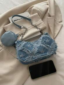 Decorative Buckle Detail, Stitching, Chain Strap Shoulder Bag, Women's Decorative Buckle Shoulder Bag, Street Fashion Hobo Bag, Small To Medium Crossbody Bag And Wallet Set, Suitable For Shopping, Dating, As A Gift For Ladies, Suitable For Teenagers, College Students, Work, Business, Commuting - Blue - View 7