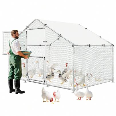 Jaula grande para aves de corral de exterior, de metal resistente con techo de aguja impermeable y resistente a los rayos UV, para 20 a 30 gallinas, ideal para patio y granja (2,7 m de ancho x 3,9 m de largo x 1,9 m de alto)