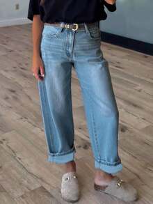Casual Light Blue Straight Leg Denim Jeans For Women With Button And Pocket Details Non-Stretch Long Length - trung bình - Xem 3