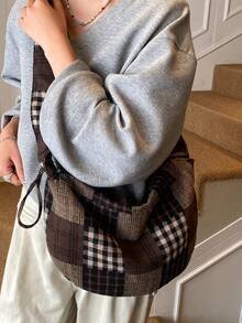 Vintage Coffee Color Bag, Japanese Minimalist Forest Style Plaid Shoulder Bag, Fashion Pleated Bow Zipper Closure Crossbody Bag, School/College/Work Lightweight Foldable Cloth Bag, Suitable For Shopping, Daily Commute, Crescent Moon Bag, Autumn/Winter Vintage Coffee Color Bag - Multicolor - View 8
