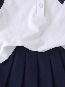 少女爱心印花高领背心搭配缎带装饰百褶迷你裙休闲套装 - 寶藍色 - 查看 5