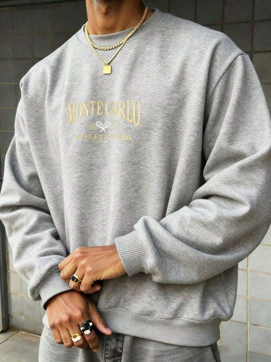 Men Letter Graphic Sweatshirt-Fall/Winter Casual Vintage Style Unisex Relaxed Fit Cotton Blend Long-Sleeve Crewneck Sweatshirtcomfortable And Breathable - 灰色 - 查看 1