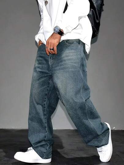 Quần jeans ống đứng dáng rộng, rách rưới, phong cách vintage dành cho thiếu niên nam.