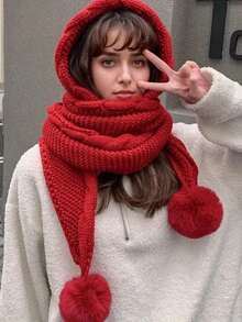 Women's Wool Hat, Warm Hat For Autumn And Winter, Scarf And Hat Integrated Design, Thick Warm Knitted Hat, Cute Fur Ball, Soft And Thick Warm Lining Earmuffs, Versatile Warm Accessories For Winter Clothing, A Good Christmas/Birthday/Valentine's Day Gift - Multicolor - View 6