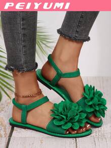 PEIYUMI Women's Summer Beach Floral Decorated Sandals With Elastic Strap, Easily Portable - Green - View 6