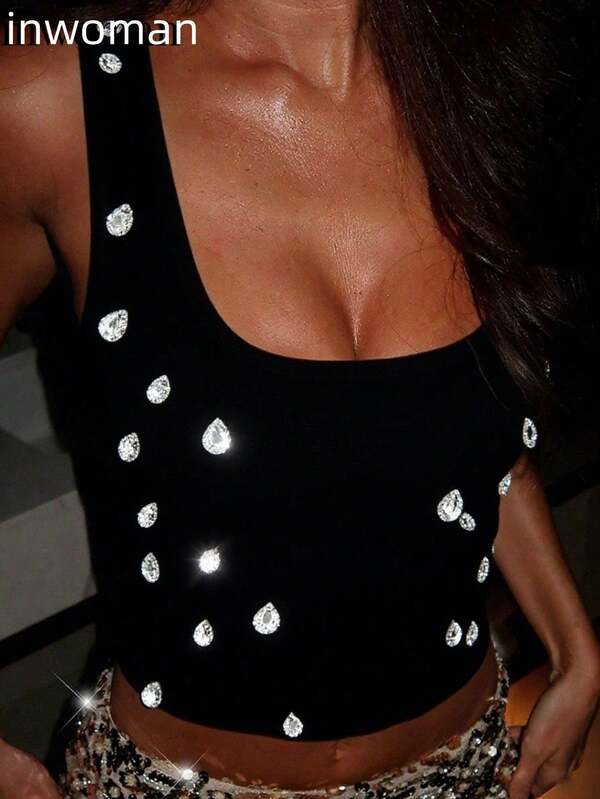 ملابس علوية قصير صيفي للخروج للنساء، ملابس علوية خزانة مثيرة مرصعة بالراين ستون لحفلات النوادي والرقص، ملابس علوية خزانة بدون كتف وحول الرقبة للنساء