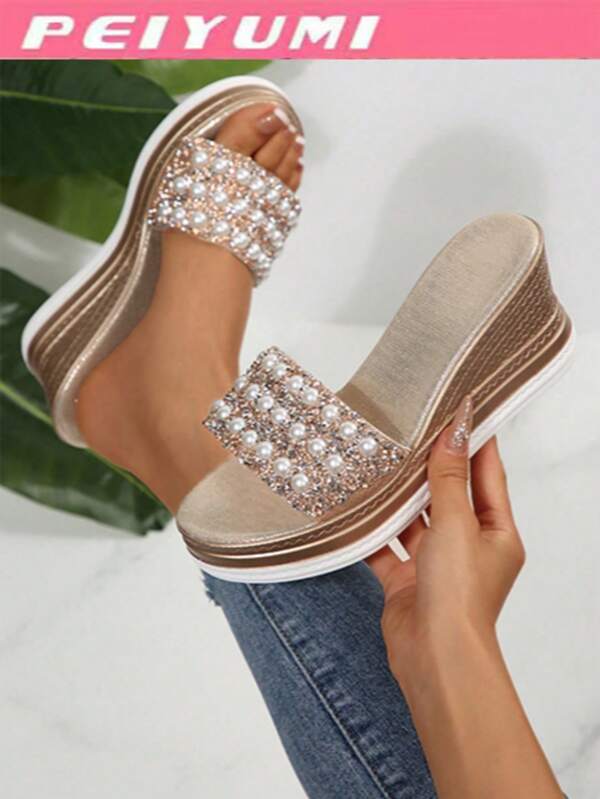 PEIYUMI Plus Size Women's Handmade Pearl And Rhinestone Embellished Wedge Sandals, Casual Summer Beach Wear