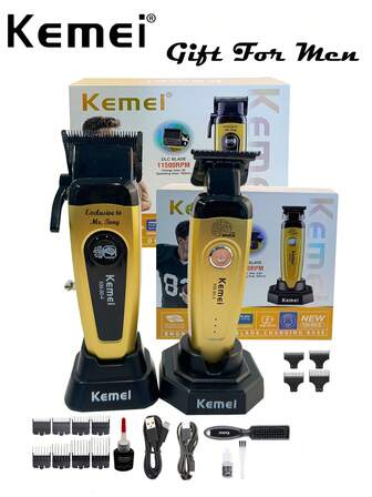 Kemei 2 piezas Cortadora de pelo eléctrica + Juego de recortadora, KM-90-4 y KM-90-5 Corte de pelo eléctrico para hombres, regalo de Navidad y Año Nuevo, Juego de corte y recorte de salón, Cortadora de cero espacios, Máquina de recortar barba KM-90-5