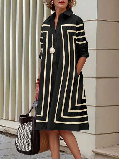 大码女式几何图案梭织面料口袋纽扣前短裙衬衫裙，适合春夏季办公室、家居、机场穿着