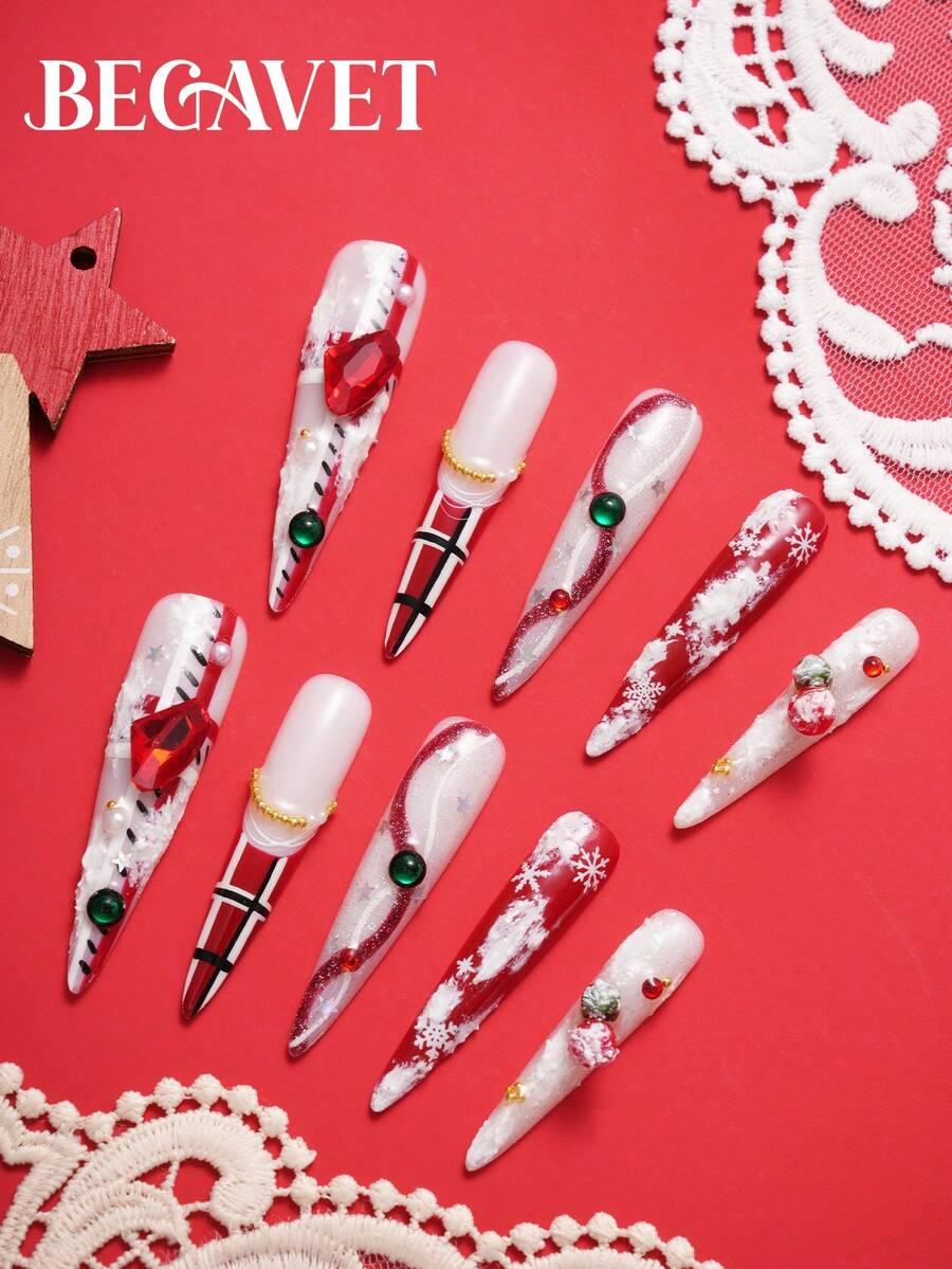BEGAVET 10 Stücke handgemachte Salon-Qualität Weihnachts-Aufklebe-Nägel extra lang exklusives Design 3D Nägel mit 3D Charms, geeignet für Partys/Musikfestivals und den täglichen Gebrauch