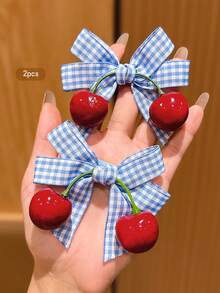 2pcs Cute Cherry Bow Hair Clips, Korean Fashion Hair Accessories Suitable For Everyday Use, Affordable, Hair Slide, Hair Barrettes