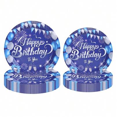 10个/20个/40个/50个装，男士蓝色生日派对用品，一次性餐具甜点盘，7英寸和9英寸，男孩生日派对餐具纸托盘，海军蓝和银色，生日快乐派对装饰，男女毕业生日派对装饰生日快乐纸盘