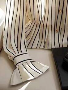 Women's Striped Collar Ruffle Cuff Single-Breasted Casual Versatile Commuting Long Sleeve Shirt - Mixed Colors - View 4