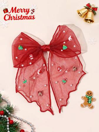 1pc Christmas Mesh Hair Bow For Women Girls Santa Claus/Christmas Tree/Candy Cane Decor Bow Alligator Clip Large Tail Hair Clip Christmas Party Barrettes Cute Sweet Holiday Hairpin Women Hair Accessory, Claw Clips, Hair Slide