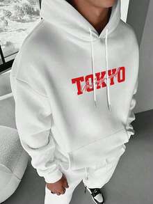 Men's Casual Fashionable Versatile Street Racer Element Slogan Print Kangaroo Pocket Drawstring Hoodie, Autumn/Winter - White - View 2