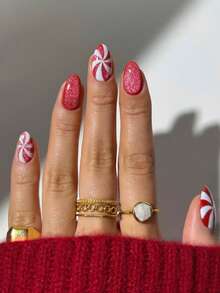 10片手工可重复使用全覆盖美甲贴纸 - 杏仁形尖头粉白猫眼亮面按压式美甲贴，适合女性通勤和休闲佩戴，简约优雅的红色糖果设计，美甲贴纸，专业美甲，高品质贴纸。可爱经典的法式美甲，适合女性和女孩日常佩戴和派对。全覆盖长款假指甲，是送给女性和女孩的绝佳礼物，情人节美甲之选。 - 紅白色 - 查看 2
