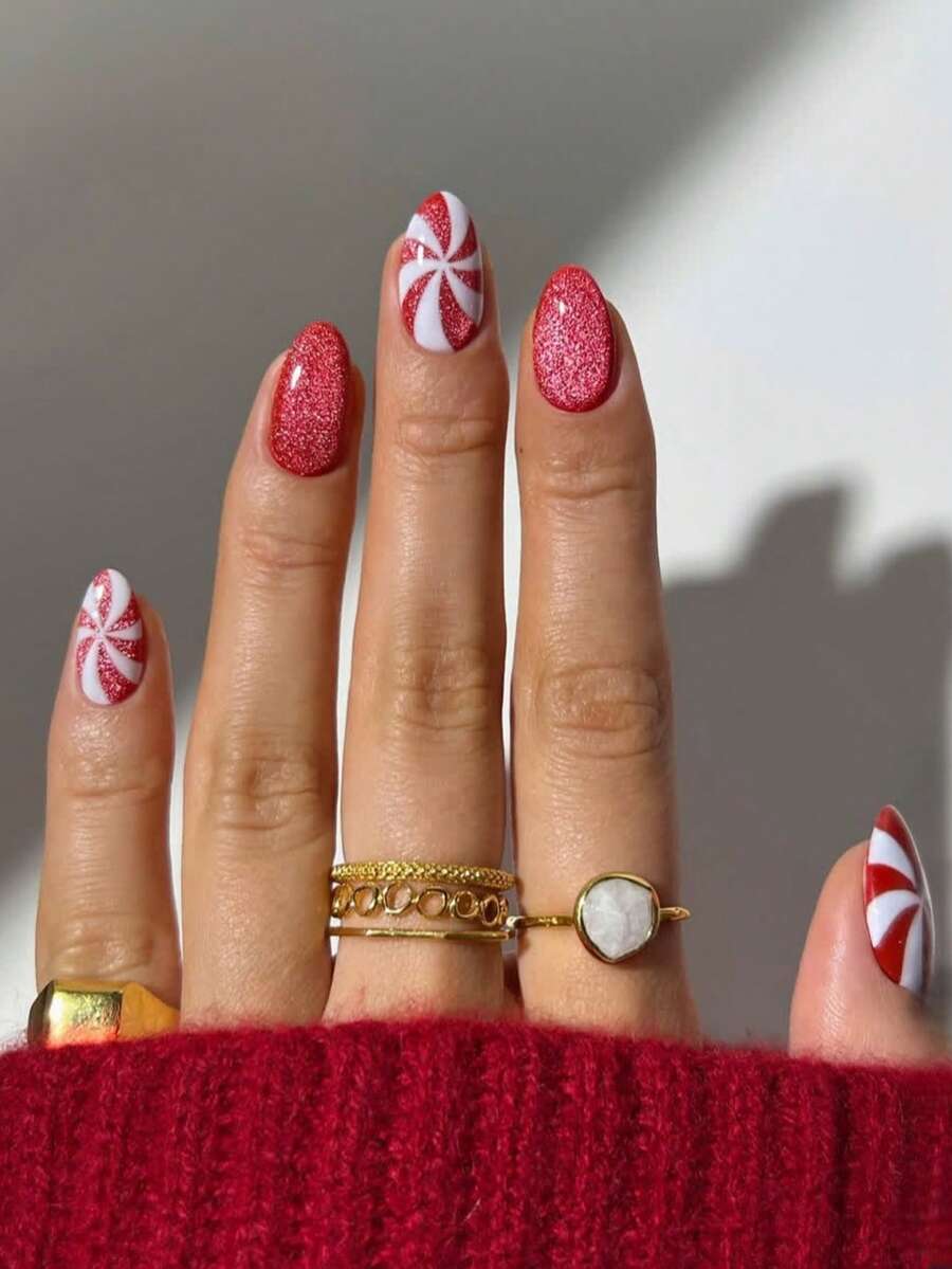 10片手工可重复使用全覆盖美甲贴纸 - 杏仁形尖头粉白猫眼亮面按压式美甲贴，适合女性通勤和休闲佩戴，简约优雅的红色糖果设计，美甲贴纸，专业美甲，高品质贴纸。可爱经典的法式美甲，适合女性和女孩日常佩戴和派对。全覆盖长款假指甲，是送给女性和女孩的绝佳礼物，情人节美甲之选。