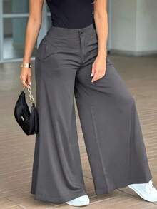 Pantalones anchos y sueltos de unicolor y casual para mujer, elegantes y minimalistas para la primavera - Gris Oscuro - Ver 3