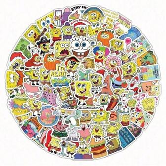 SPONGEBOB 海绵宝宝 100 张水瓶贴纸、笔记本电脑、手机、安全帽、滑板、吉他、行李箱、剪贴簿防水 DIY 贴纸、母亲节、父亲节、奶奶节、父亲节、教师节、姐妹节、兄弟节、朋友节、有趣的情人节礼物、水瓶、安全帽贴纸、贴纸、有趣的贴纸