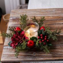 Anillos de velas navideñas, corona de flores de pino artificial y bayas rojas, portavelas navideño para mesa, decoración navideña del hogar. - Multicolor - Ver 5