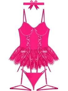 Women Sexy Lingerie Set Naughty Lace Up Corset Bodysuit Underwire Lingerie Babydoll With Garter Belt And Bow Tie - 玫紅色 - 查看 3
