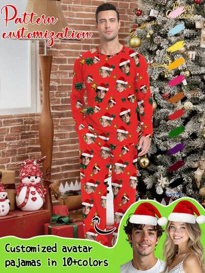 Conjunto de pantalón y parte superior de ropa de estar en casa con gráfico de figura navideña personalizada para hombres, invierno