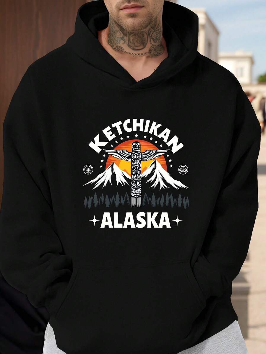 Men's Plus Size Hooded Sweatshirt - Alaska Native Totem Pole Graphic Pullover, Red Hoodie with Ketchikan Alaska Text, Loose Fit Casual Sweater for Cold Weather & Casual Attire, PLUS SIZE - Negro - Ver 1